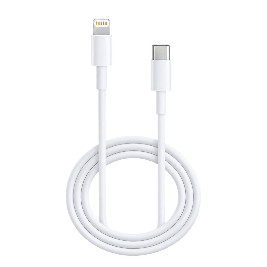 Câble blanc USB-C vers Lightning, détouré sur fond transparent