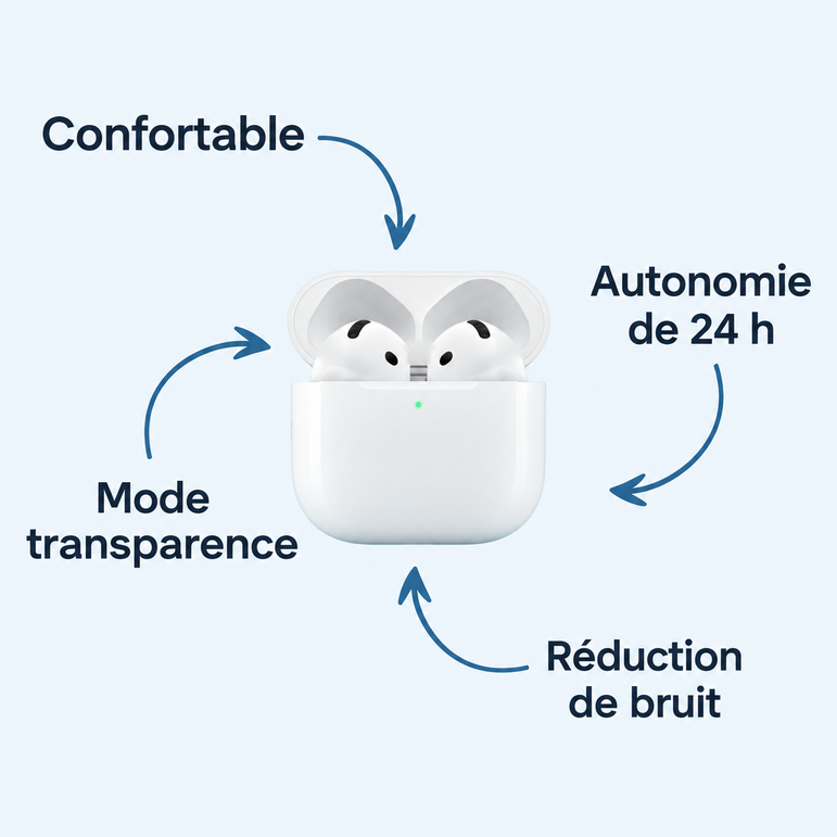 Écouteurs 4ᵉ génération — Confortable ; Autonomie de 24 h ; Mode transparence ; Réduction de bruit